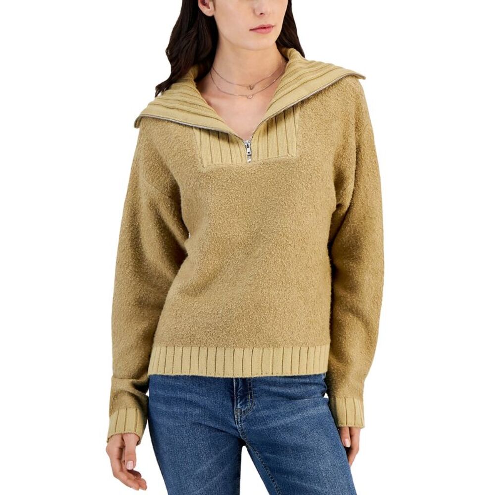 Sugar Moon Juniors' Quarter-Zip Long-Sleeve Boucl� Sweater